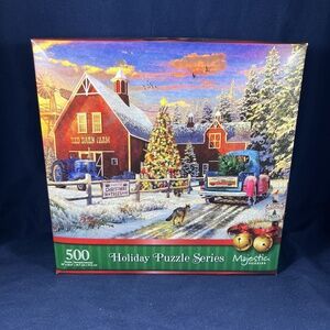 Majestic Puzzle 500 Pc Red Barn Tree Farm Holiday Christmas Relax USA Made